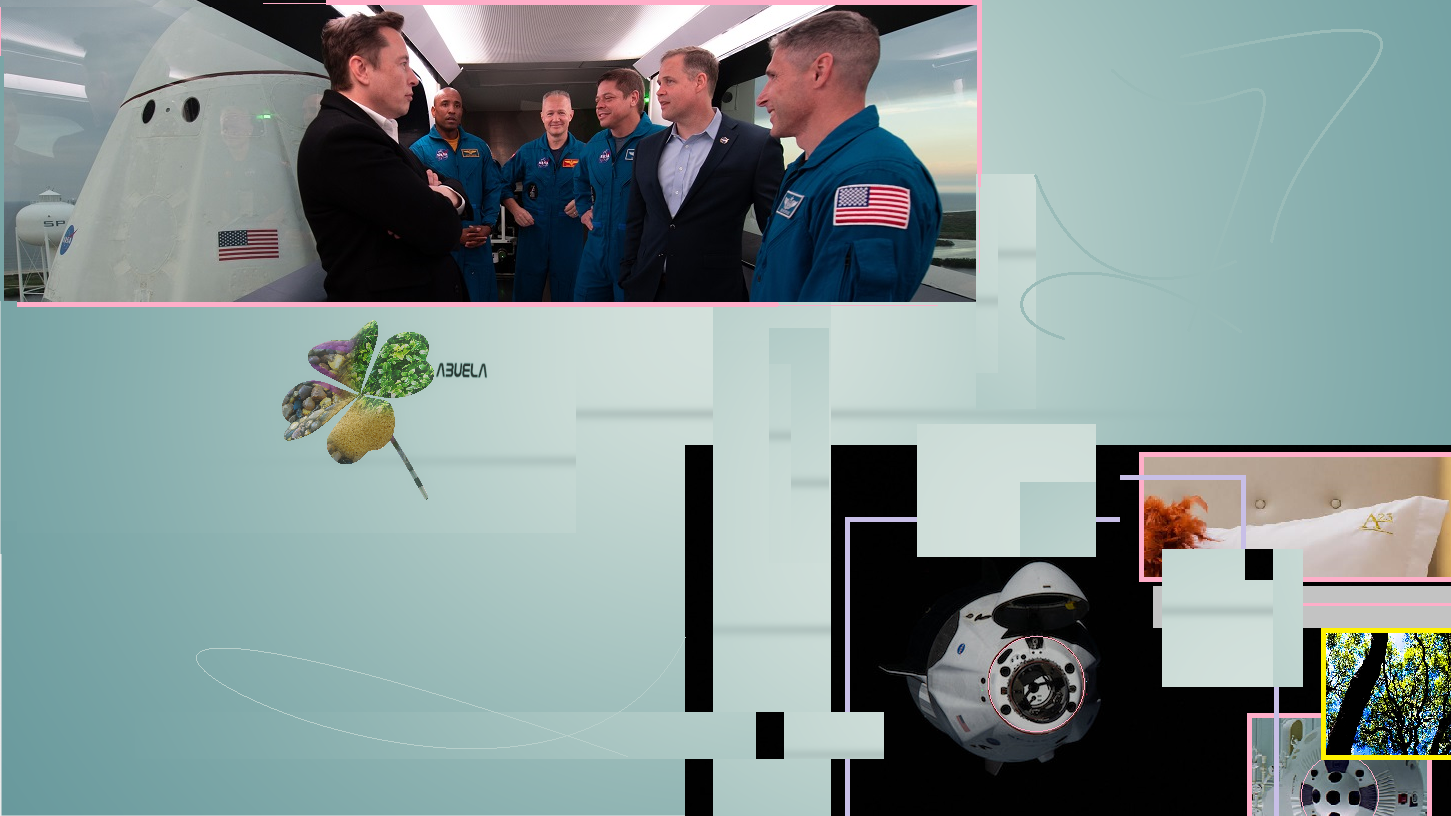 SpaceX CEO and Chief Designer Elon Musk, NASA astronauts Victor Glover, Doug Hurley, Bob Behnken, NASA Administrator Jim Bridenstine, and NASA astronaut Mike Hopkins inside the Dragon crew access arm at Launch Complex 39A